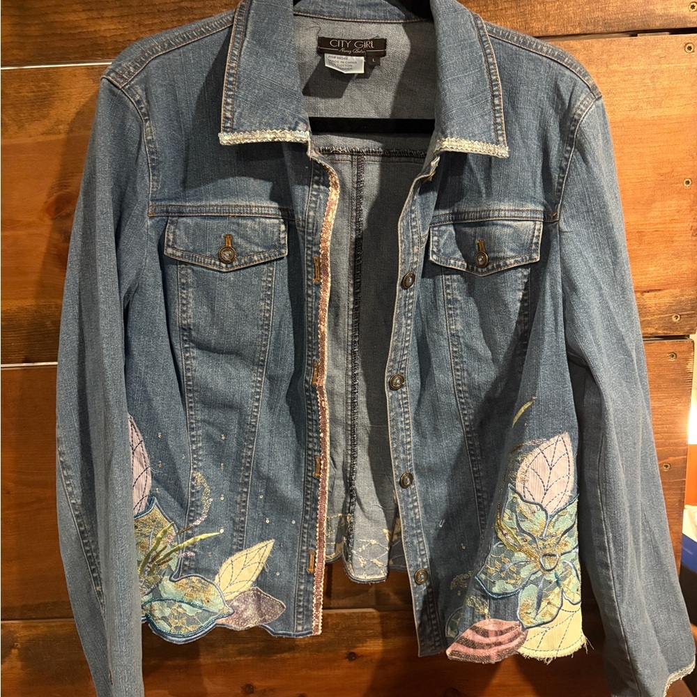 City Girl Blue Floral Embellished Jean Jacket
